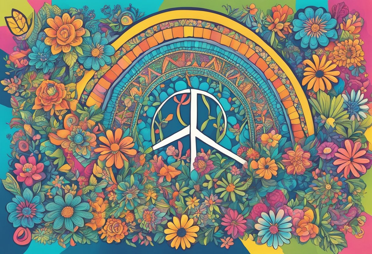 A colorful, bohemian-inspired backdrop with peace signs, tie-dye patterns, and flower motifs, surrounded by quotes in whimsical fonts