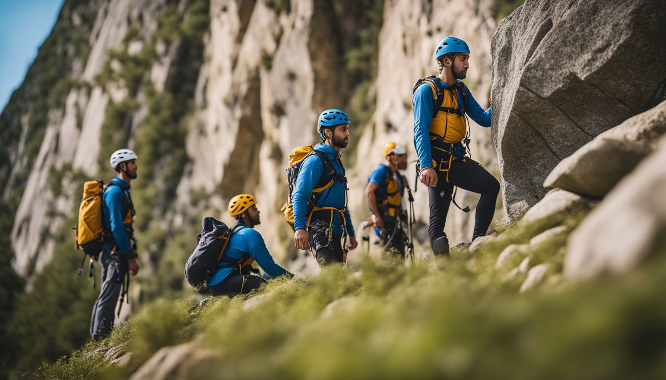 Climbers wait their turn at the base of a rock wall, communicating and respecting each other's space