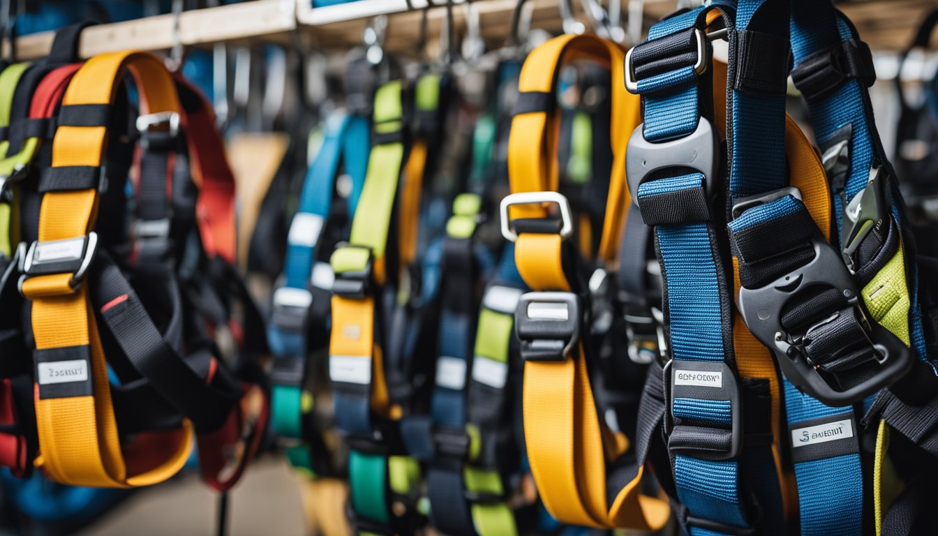 A variety of climbing harnesses displayed on a rack, with different sizes, colors, and features. Labels indicate weight capacity and adjustable straps