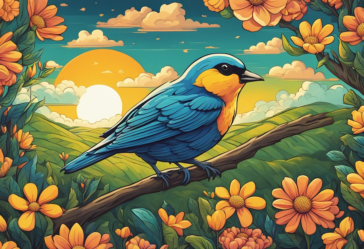 A bright sun shines from behind dark clouds, casting a warm glow on a field of vibrant flowers. A small bird perches on a branch, singing joyfully