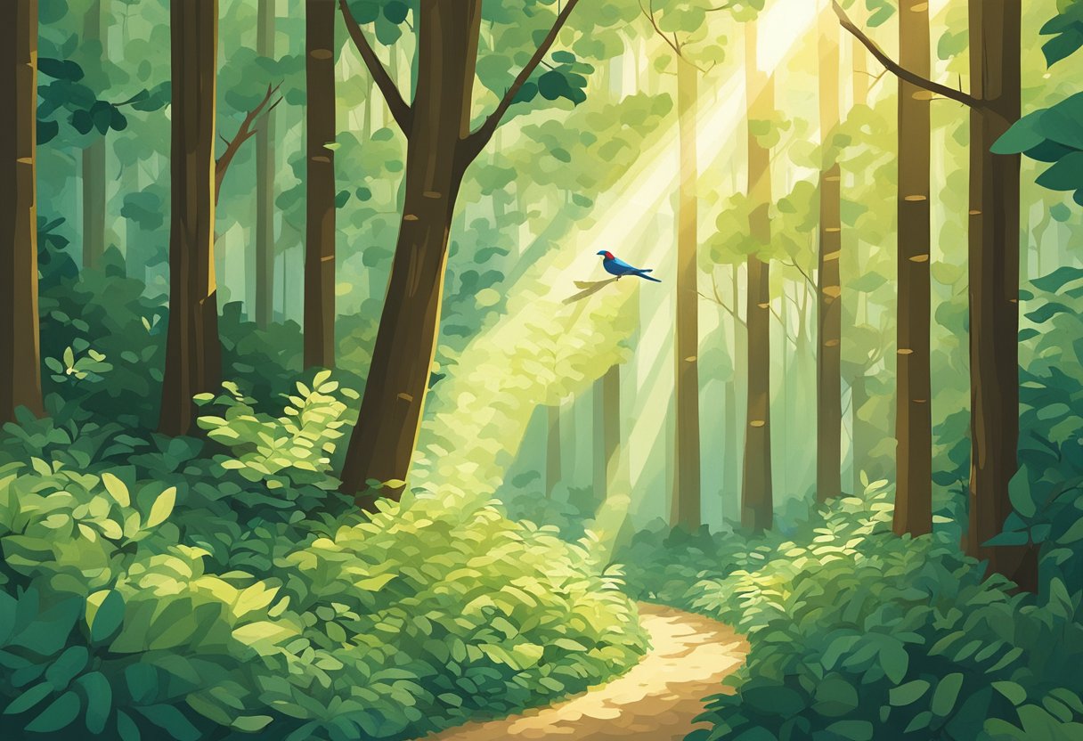 A sunlit path winds through a forest, with tall trees reaching up to the sky. The light filters through the leaves, casting dappled shadows on the ground. A small bird perches on a branch, gazing upwards