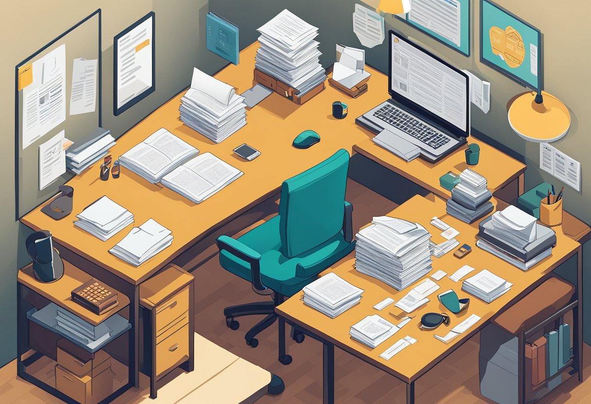 A desk cluttered with papers and a computer, a leather chair behind it. A sign on the wall reads "Quote List 26 - 50 boss quotes"