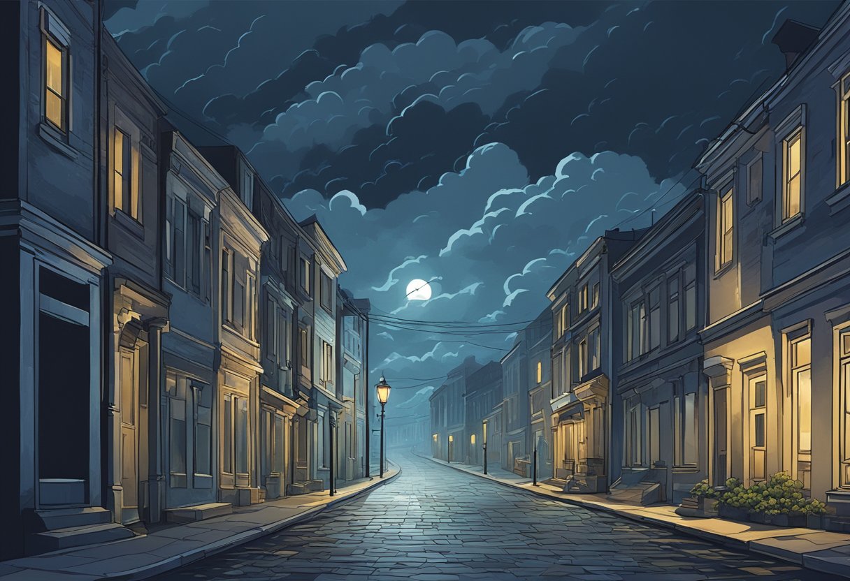 A stormy sky looms over a deserted street, with shadows casting an eerie atmosphere. A lone streetlight flickers, adding to the sense of impending drama