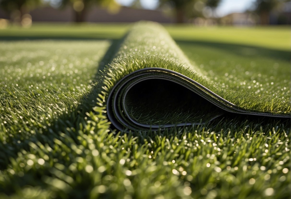 Vibrant green artificial grass being laid out and installed in a spacious backyard in Mesa, Arizona