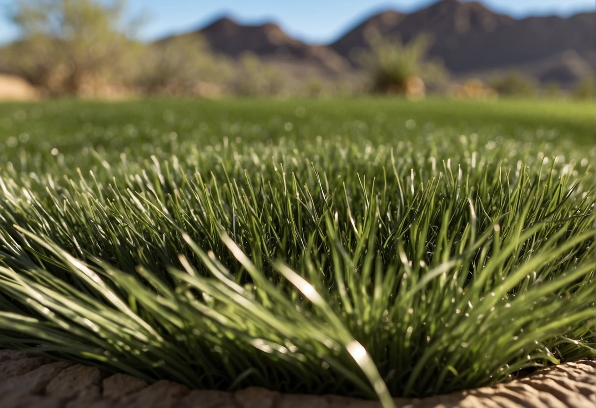 A lush green artificial grass lawn in Mesa, Arizona, with a backdrop of clear blue skies and surrounding desert landscape