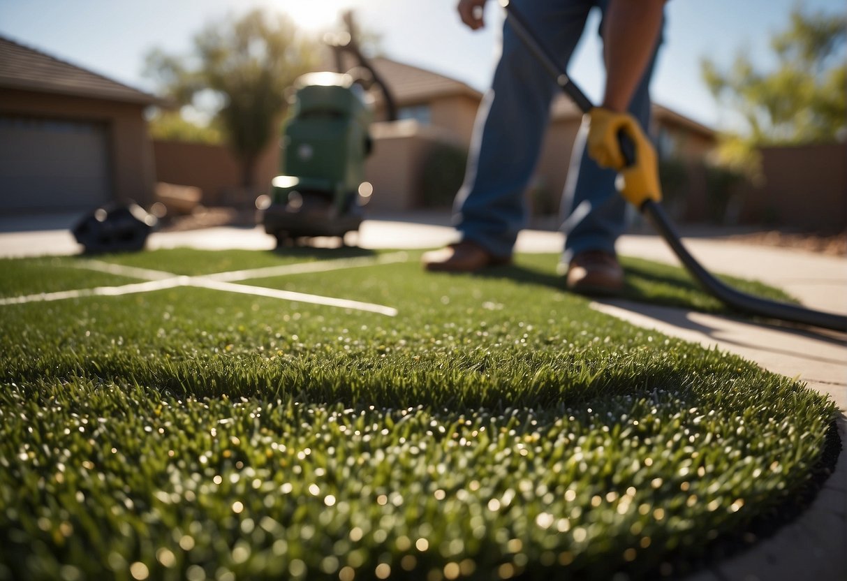 A team lays down artificial turf in a Mesa, Arizona yard. Tools and equipment are scattered around the work area as the installation process progresses