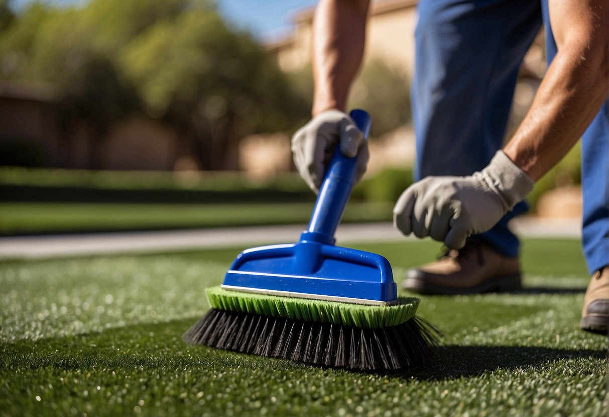 A maintenance worker brushes synthetic turf in Mesa, Arizona. Tools and cleaning products are nearby