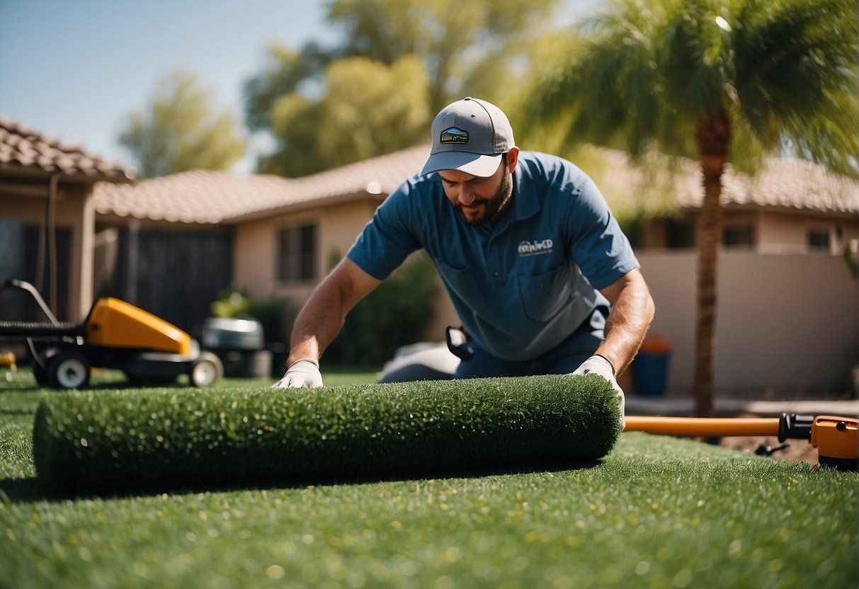 A sunny day in Mesa, Arizona. A team of workers lay down lush, green artificial grass in a backyard. Tools and equipment are scattered around as they carefully measure and cut the turf