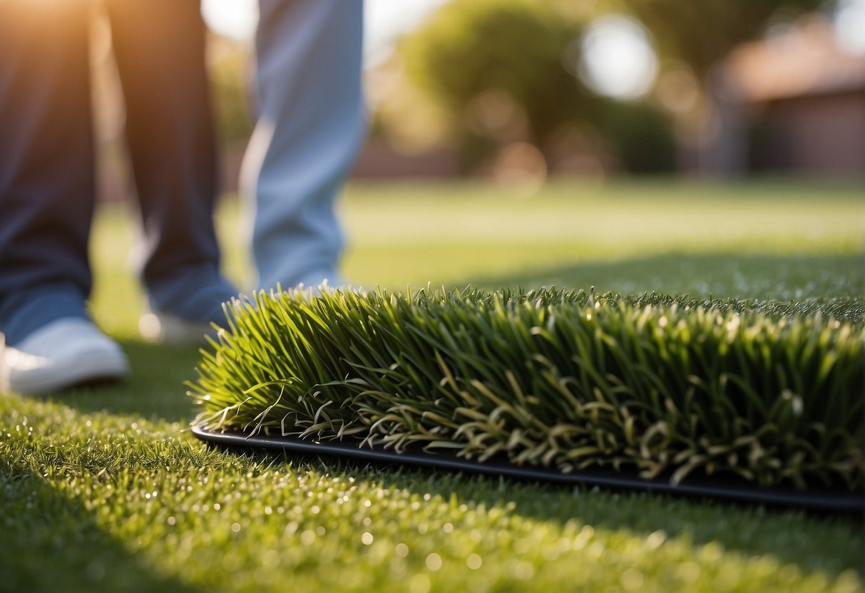 A professional team installs artificial grass in a well-manicured yard in Mesa, Arizona. Tools and equipment are neatly organized nearby