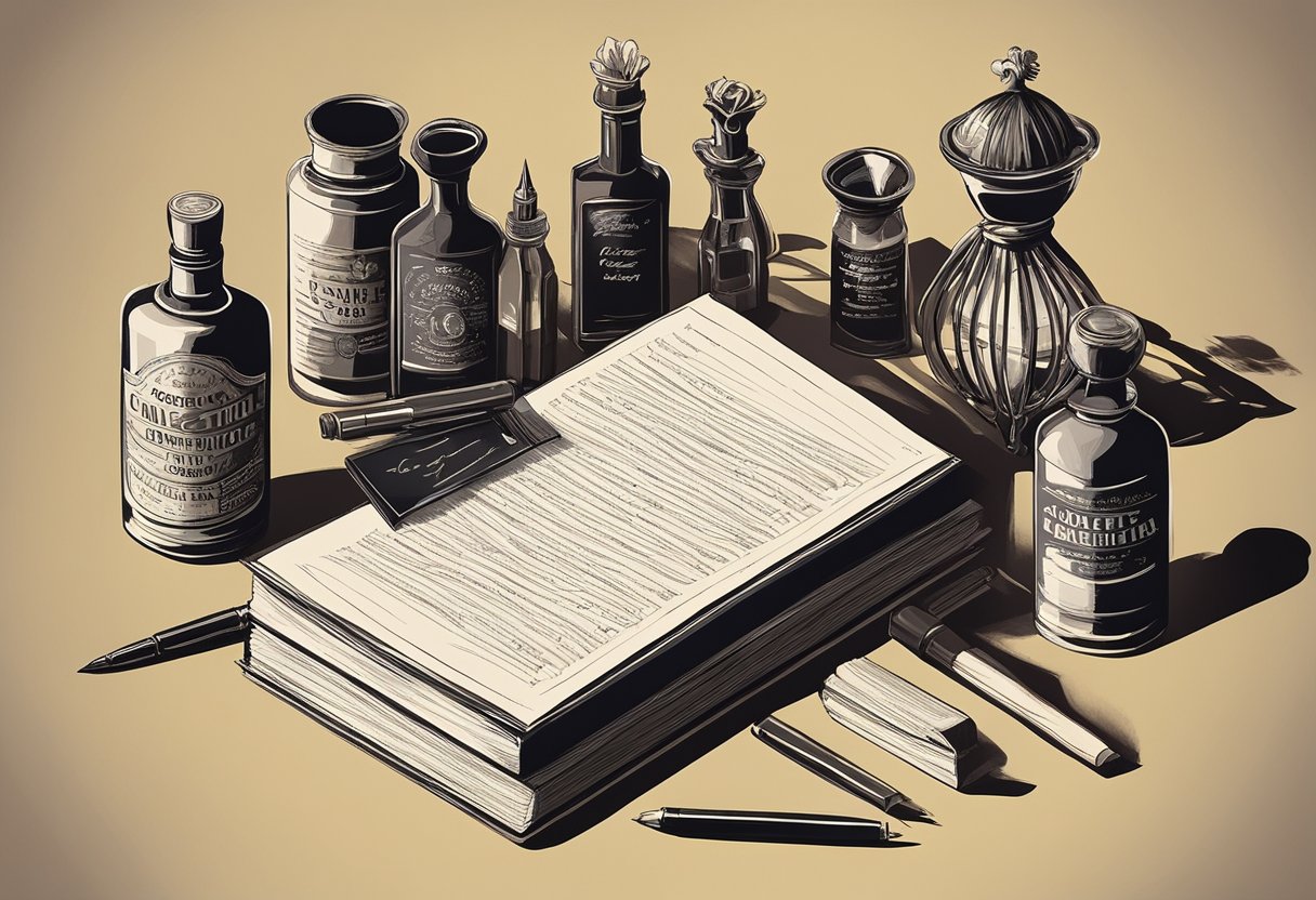 A collection of classic play scripts stacked on a vintage desk, surrounded by quill pens and ink bottles. A spotlight shines on a dramatic quote framed on the wall