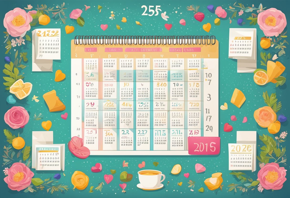 A blank calendar page with 25 dates highlighted in different colors, surrounded by decorative elements and romantic symbols