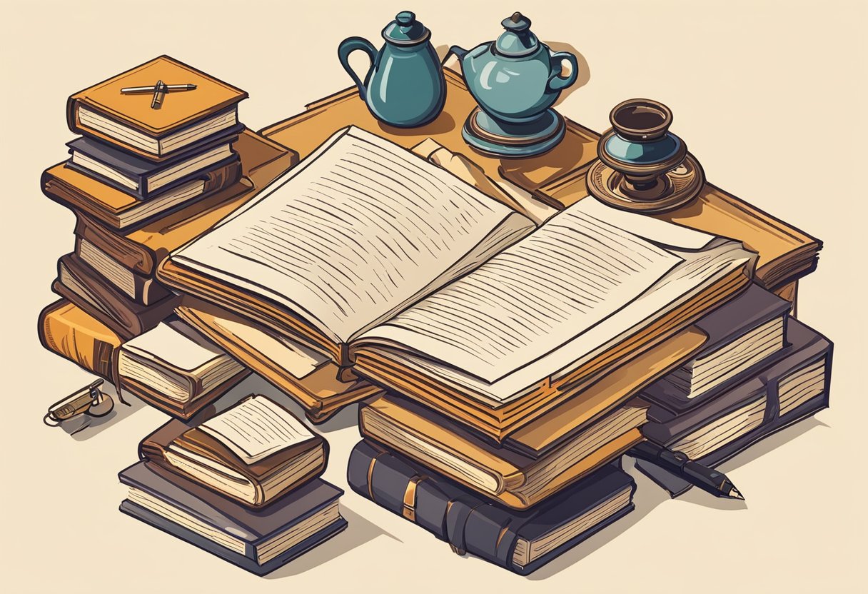 A table scattered with open books and scattered papers, with a pen and inkwell, surrounded by a warm, cozy atmosphere