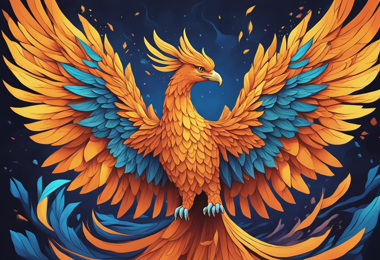 A majestic phoenix rises from the ashes, its fiery feathers glowing with vibrant colors as it spreads its wings in a powerful display of strength and rebirth
