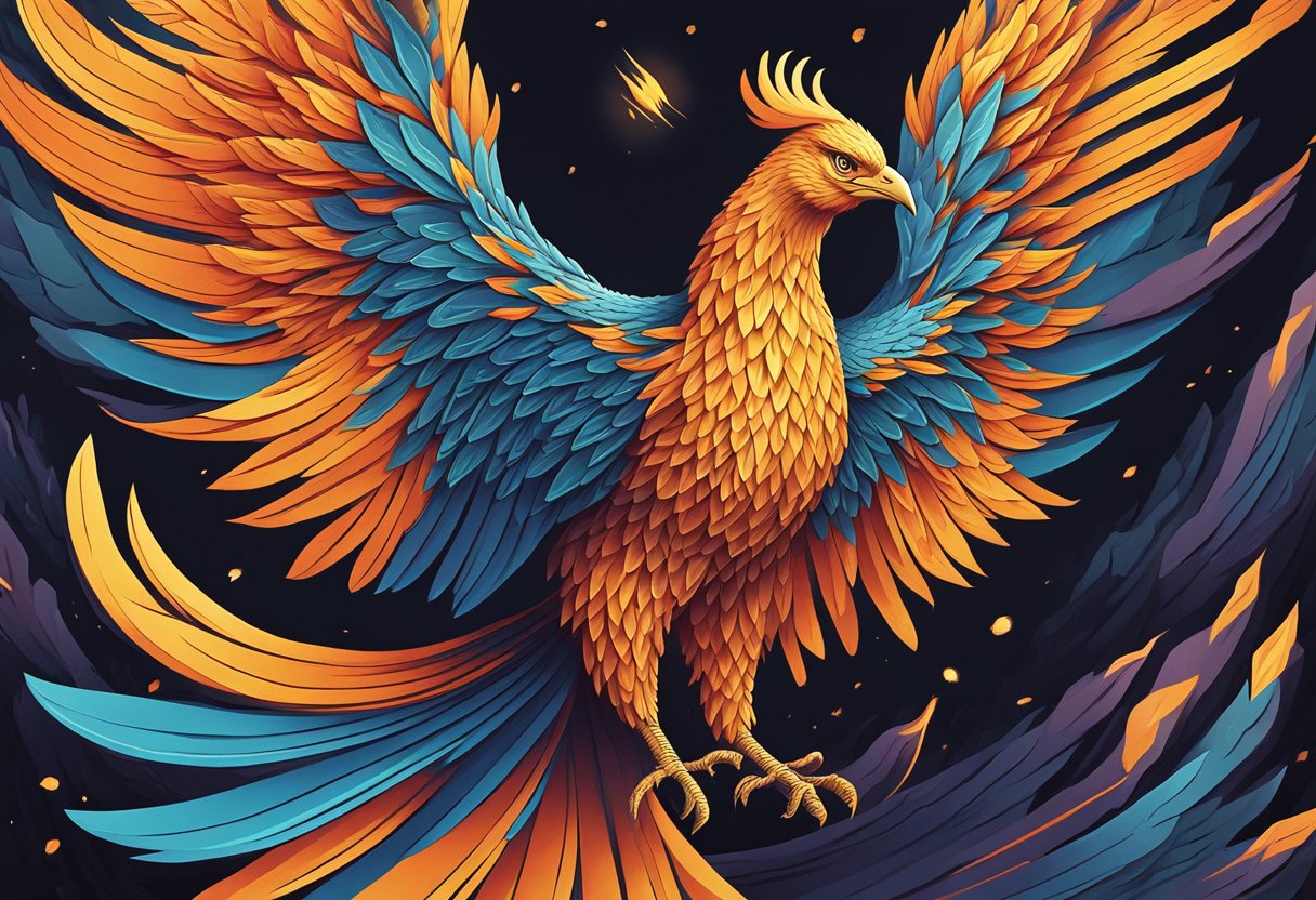 A majestic phoenix rises from the ashes, its fiery plumage glowing with vibrant colors as it spreads its wings in a triumphant display of strength and resilience