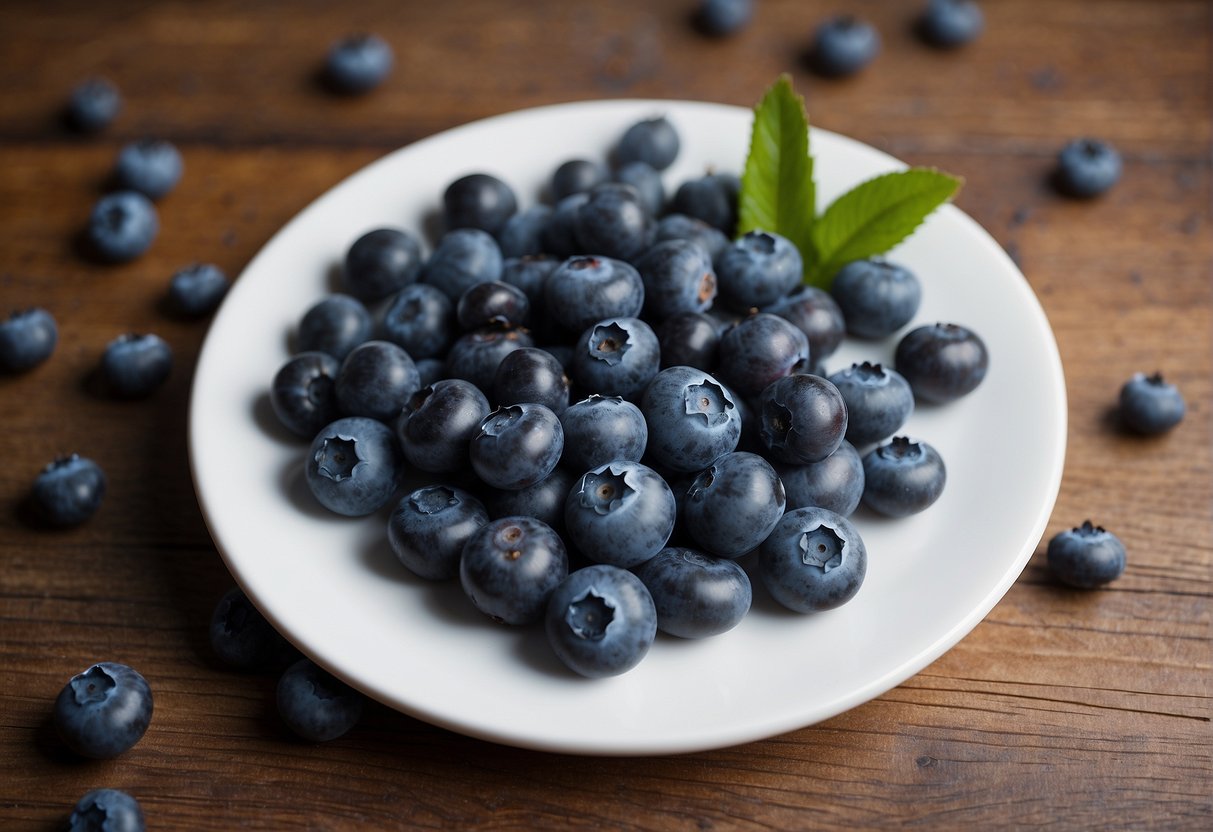 Fresh blueberries arranged in a circular pattern on a white plate, with some berries spilling out onto a wooden surface