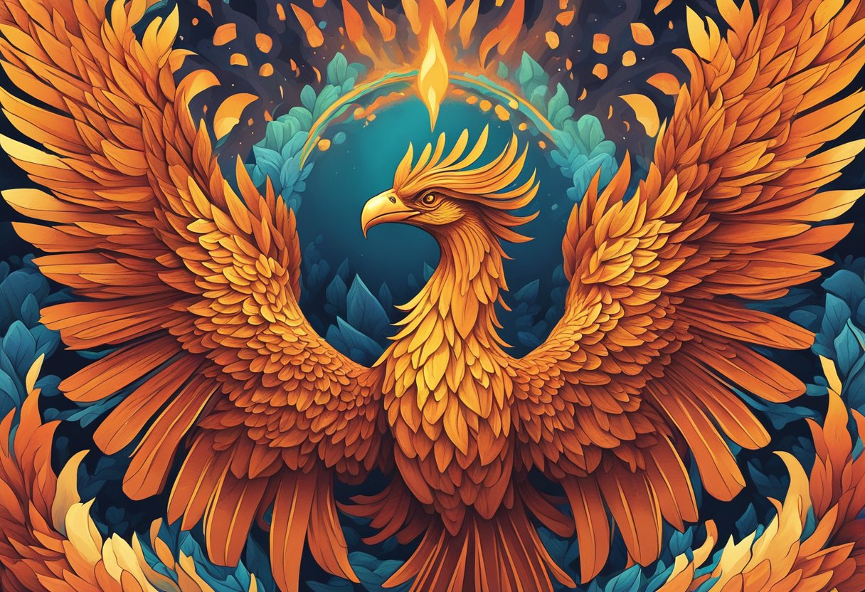 A majestic phoenix rises from the ashes, its fiery feathers glowing with vibrant colors, symbolizing resilience and rebirth