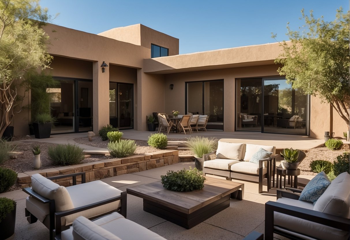 A modern, spacious residence in Phoenix, Arizona, with a well-maintained garden and a peaceful outdoor seating area