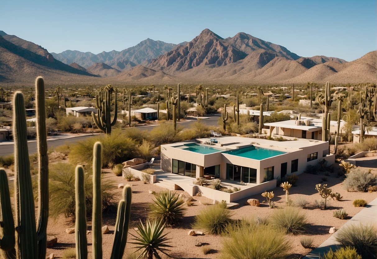 A serene desert landscape with a modern, well-maintained sober living residence nestled among the cacti and mountains of Phoenix, Arizona