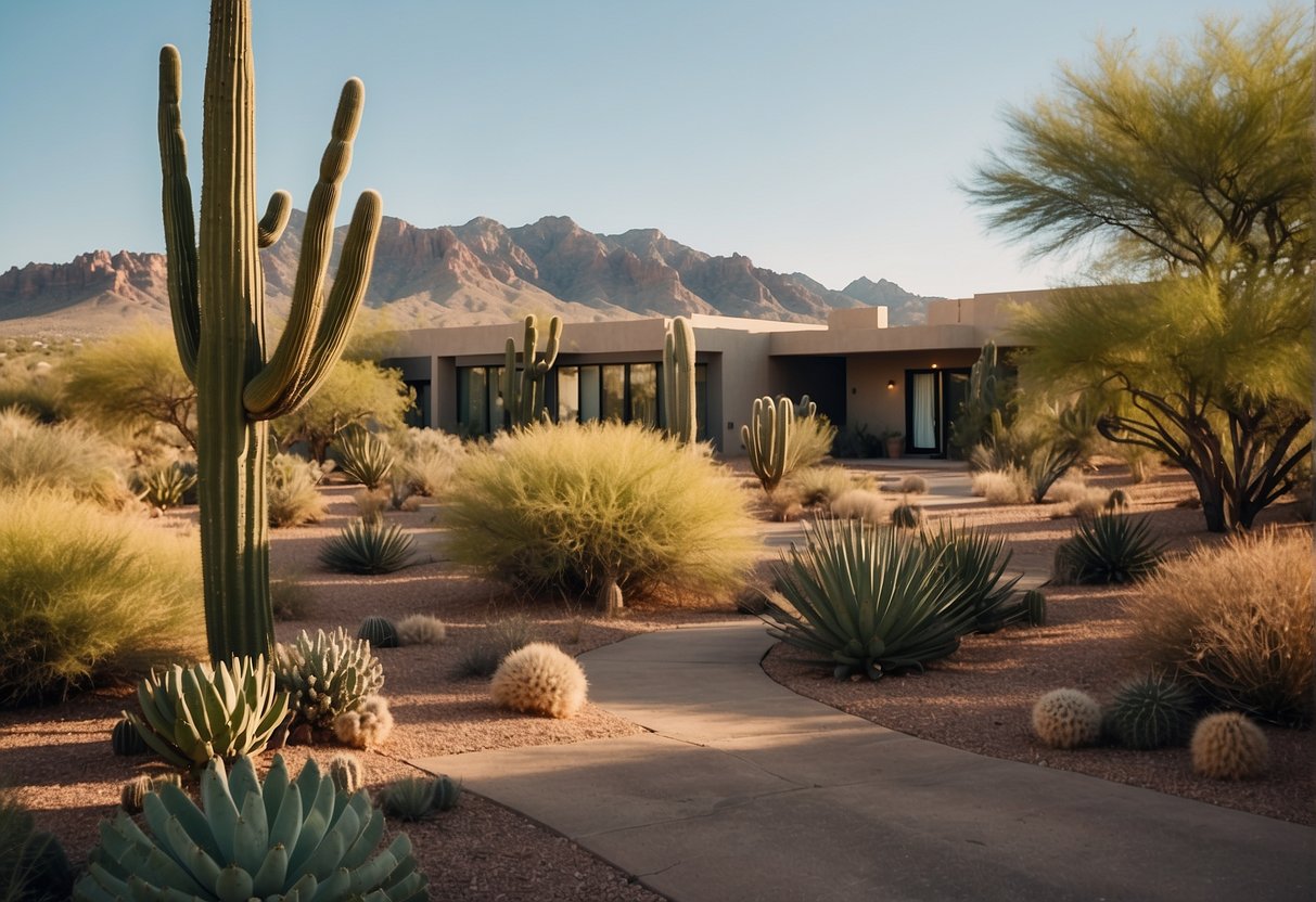 A serene desert landscape with a modern, well-maintained sober living residence nestled among cacti and mesquite trees in Phoenix, Arizona
