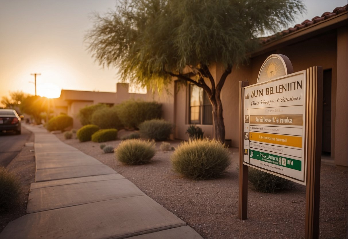 The sun sets behind a welcoming, well-kept residence in Phoenix, Arizona. A sign proudly displays the rules and expectations of sober living, creating a sense of structure and support for residents