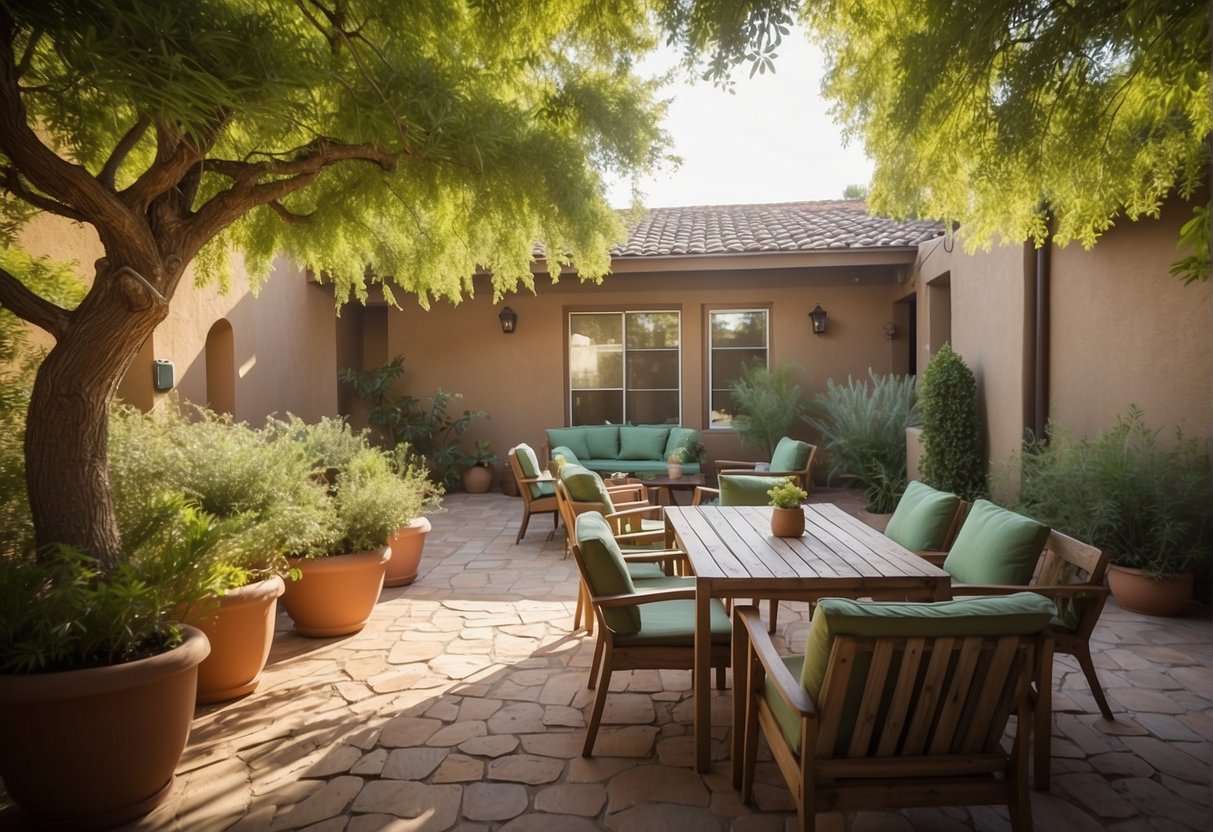 The sunny courtyard of the Phoenix sober living residence, with lush greenery, comfortable outdoor furniture, and a serene atmosphere