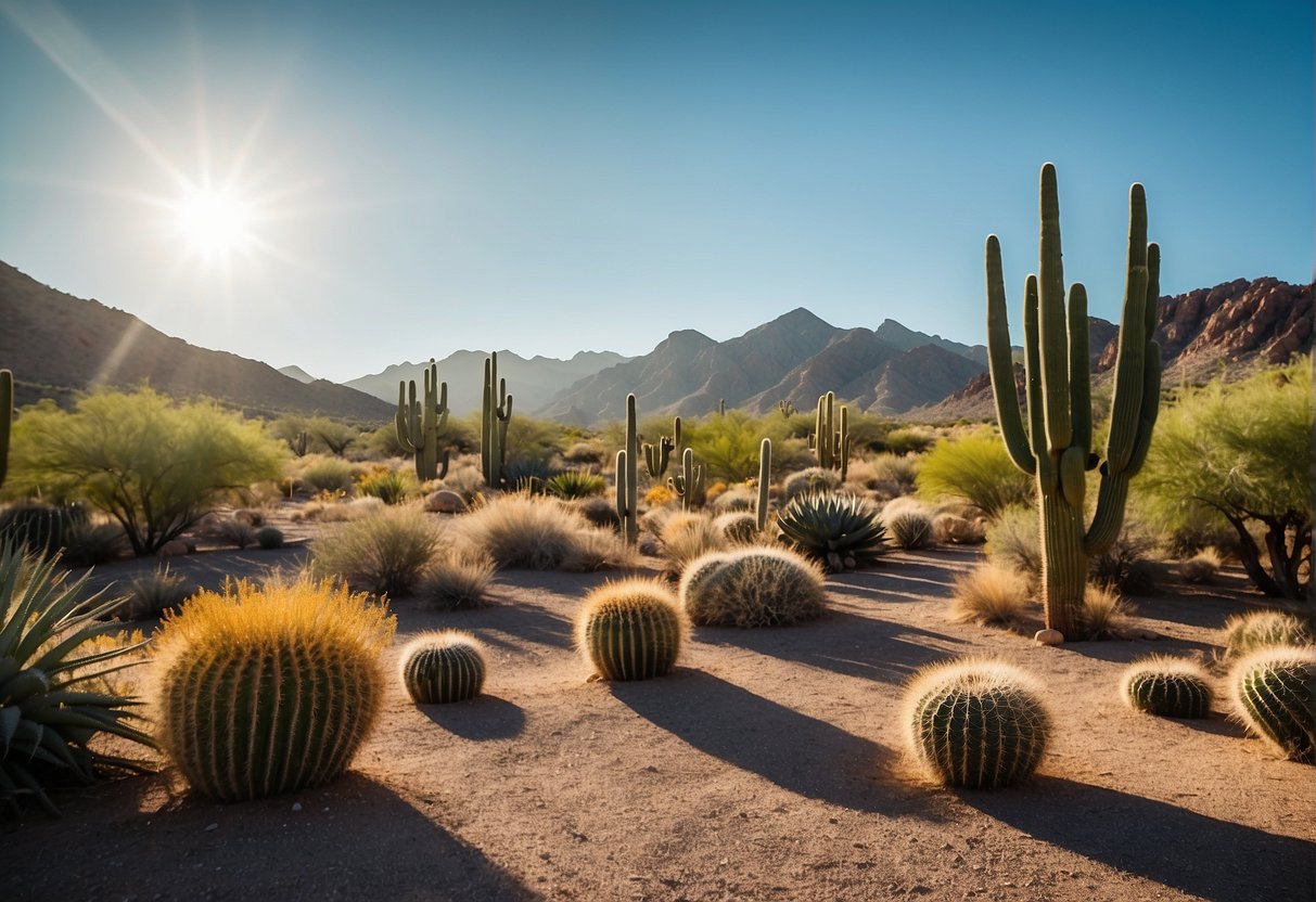 A serene desert landscape with a modern, well-maintained sober living facility nestled among cacti and mountains in Phoenix, Arizona