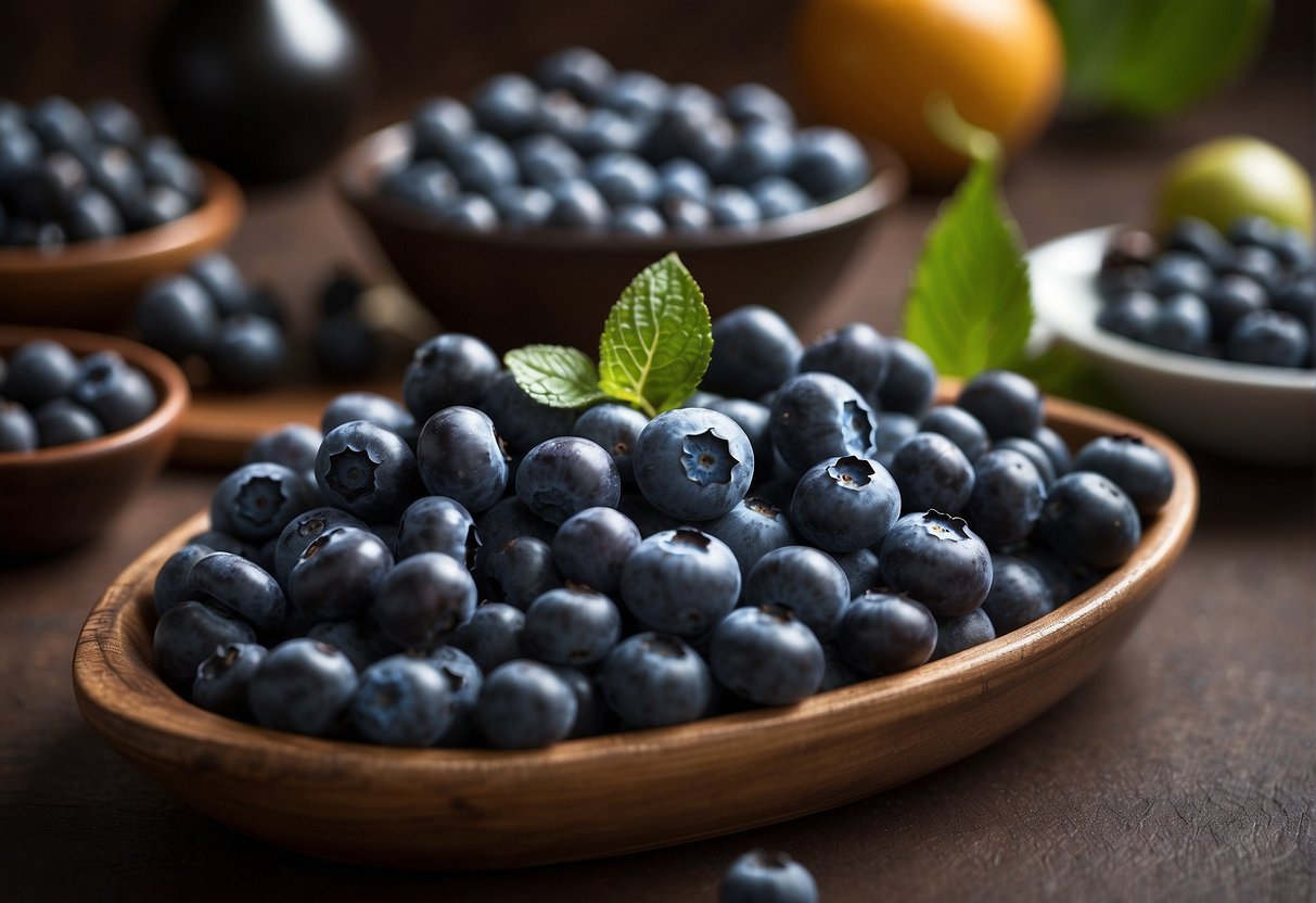 Fresh blueberries arranged on a table, surrounded by various dietary symbols and lifestyle items