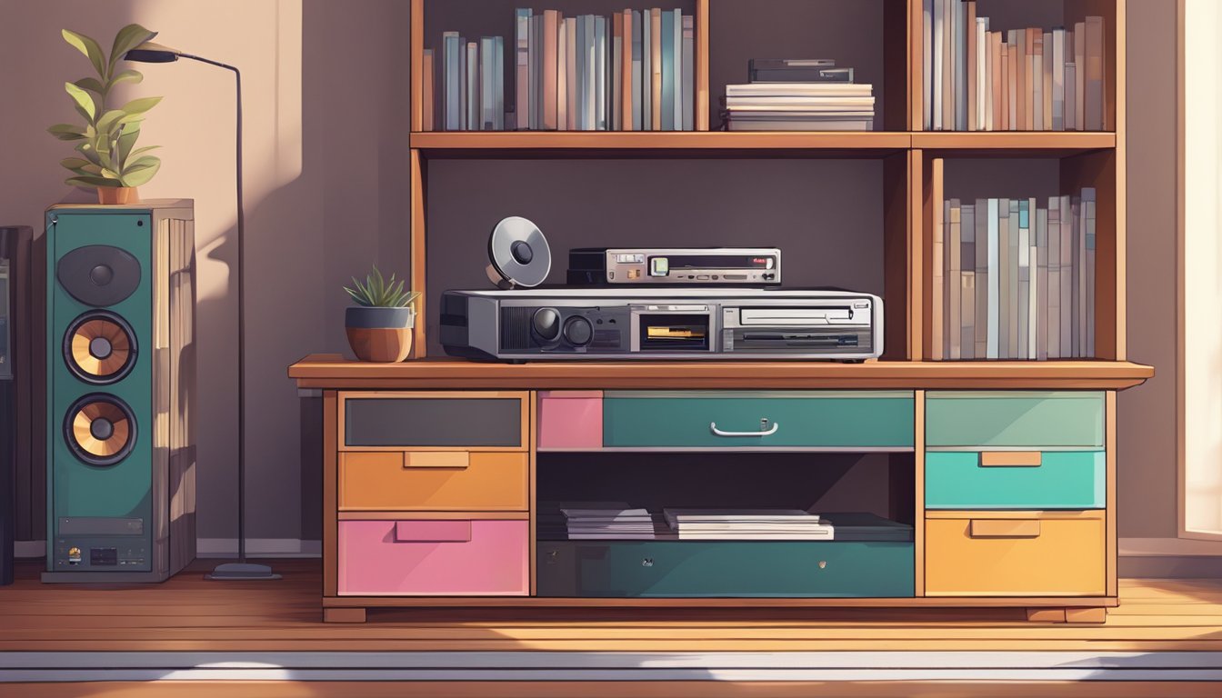 A table with headphones, a CD player, and a stack of CDs. A shelf with CD organizers and storage cases. Brightly lit room with a cozy atmosphere