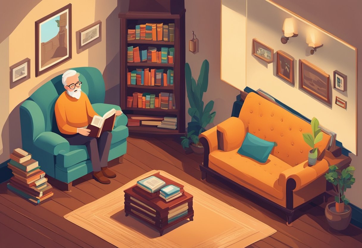 A cozy living room with a worn armchair, a stack of old books, and a framed photo of a smiling grandfather on the mantelpiece