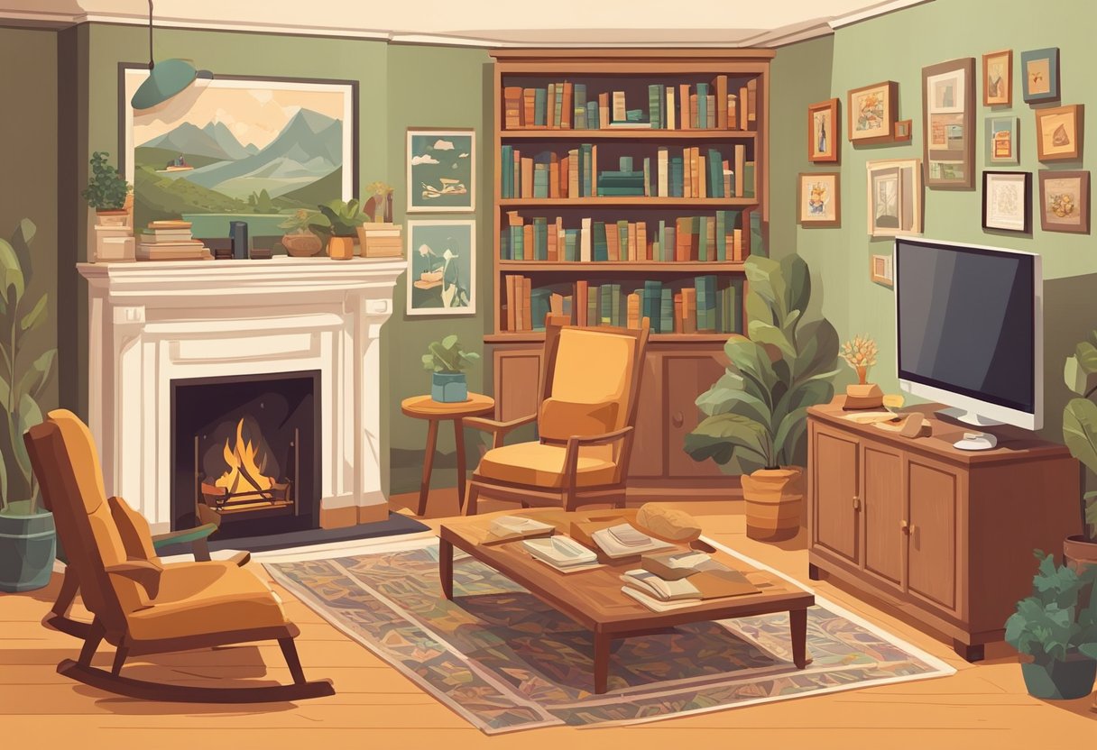 A cozy living room with a rocking chair and a fireplace. A shelf filled with family photos and a worn-out book of grandpa's wise quotes
