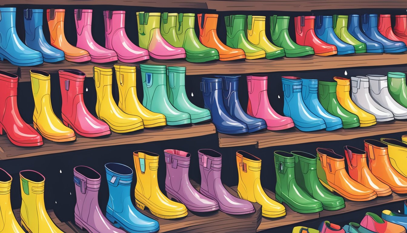 A store display of colorful rain boots in a bustling Singapore market