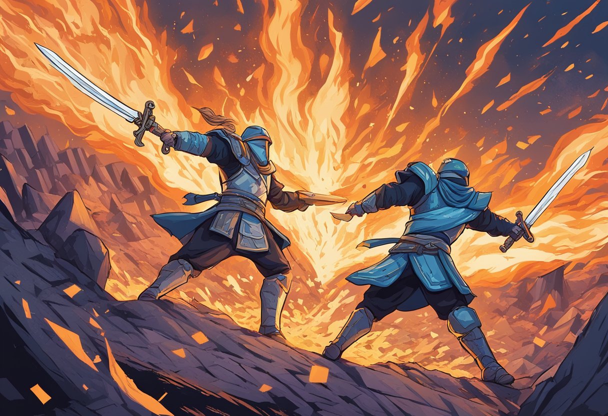 Two swords clashing in a fiery battlefield, sparks flying as the combatants exchange fierce quotes