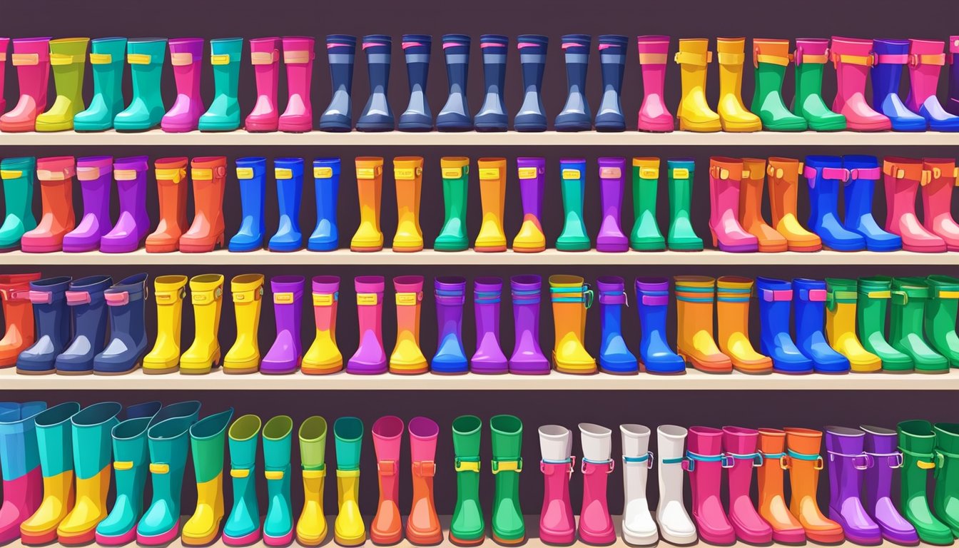 Colorful rain boots displayed on shelves in a Singapore store. Bright lights illuminate the various styles and sizes available for purchase