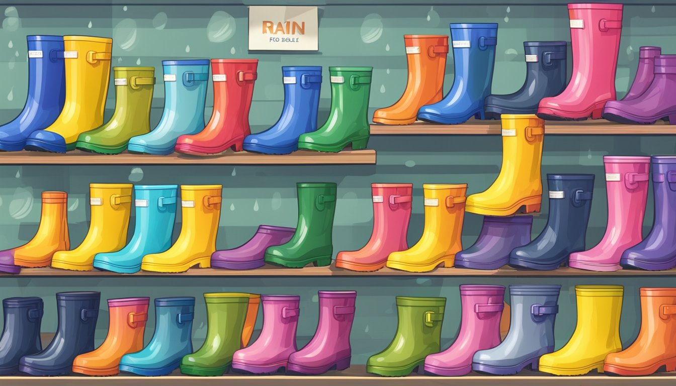 A display of colorful rain boots in a store, with a variety of sizes and styles, and a sign indicating "Rain Boots for Sale" in Singapore