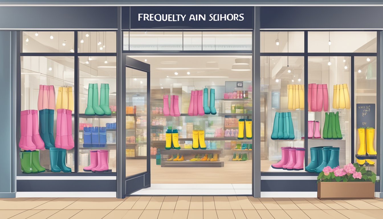 A store in Singapore with various rain boots on display, with a sign indicating "Frequently Asked Questions: where can I buy rain boots in Singapore."
