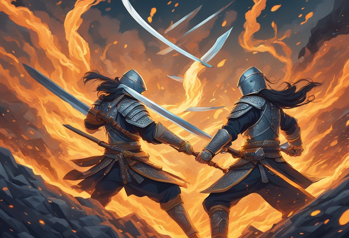 Two swords clashing in a fiery battlefield, sparks flying as the combatants exchange fierce blows. A backdrop of swirling smoke and intense determination in their eyes