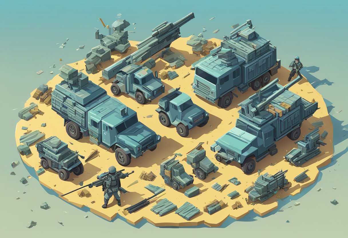 A chaotic battlefield with scattered weapons and debris, representing the intensity of combat
