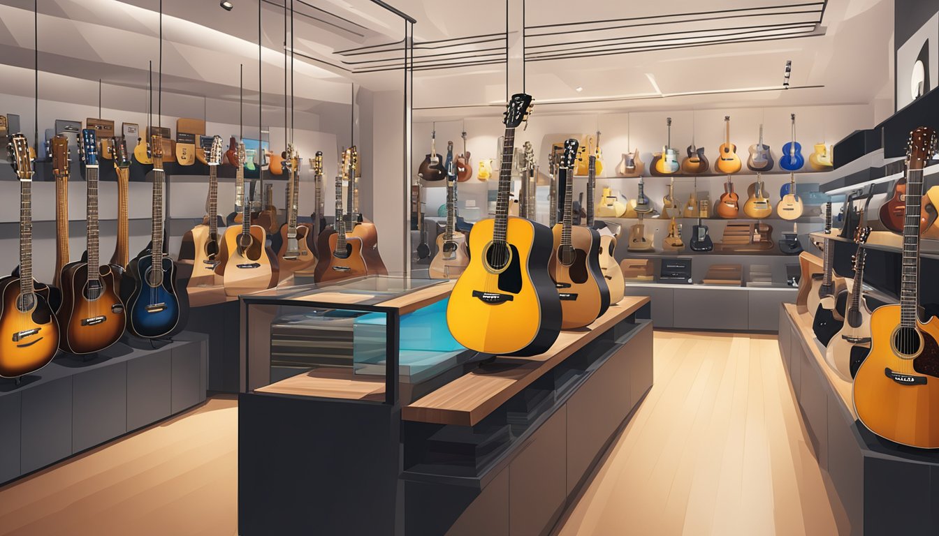 A music store in Singapore showcases various acoustic guitars on display, with bright lighting and a clean, modern interior