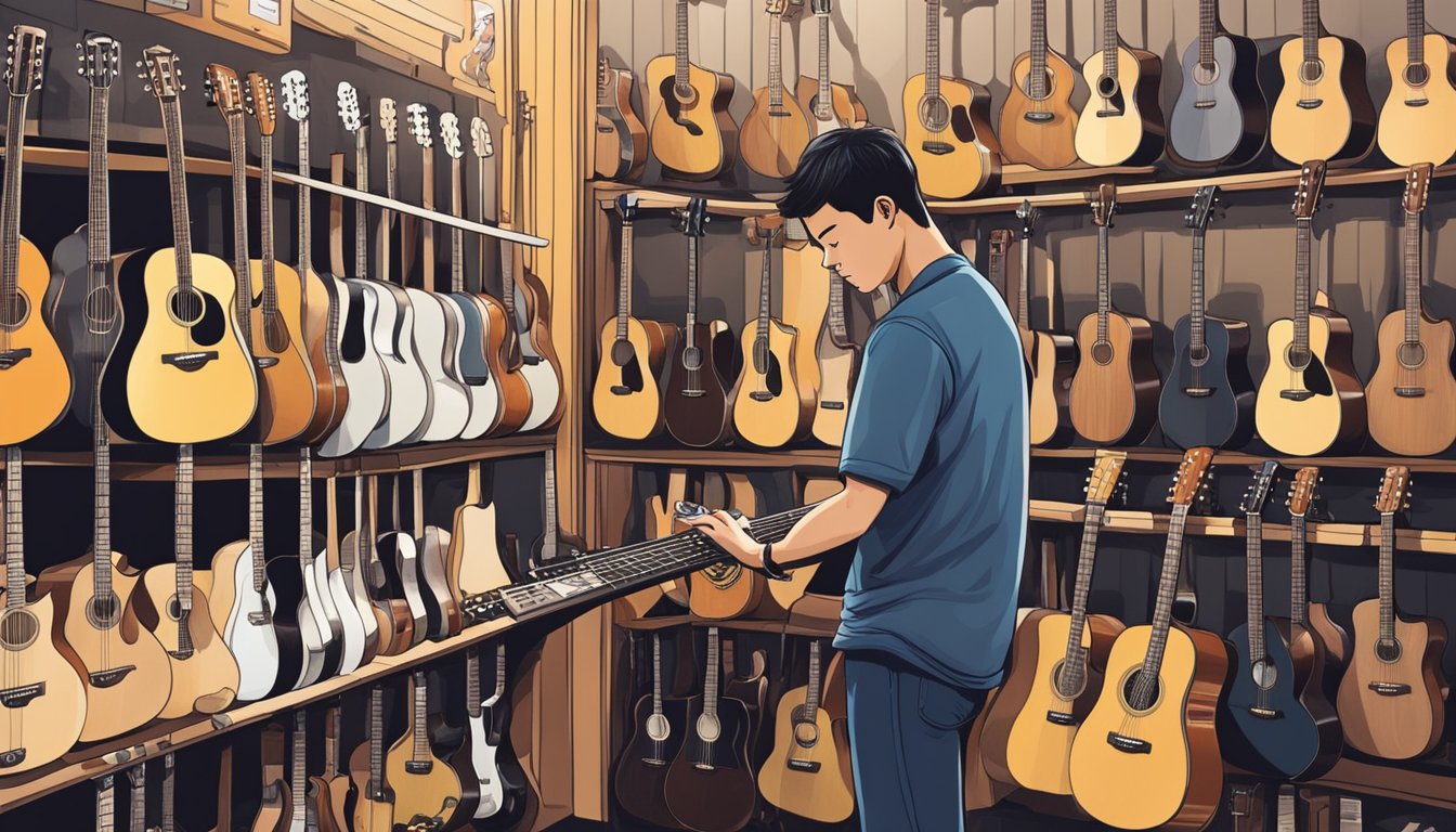 A person carefully examines acoustic guitars in a music store in Singapore, comparing different models and brands before making a decision