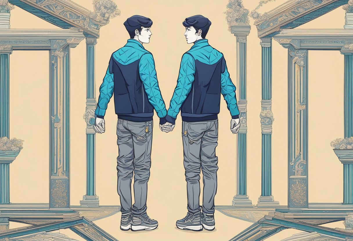 A pair of twins stand back to back, representing duality. They hold hands as they gaze in opposite directions, symbolizing the complexity of Gemini