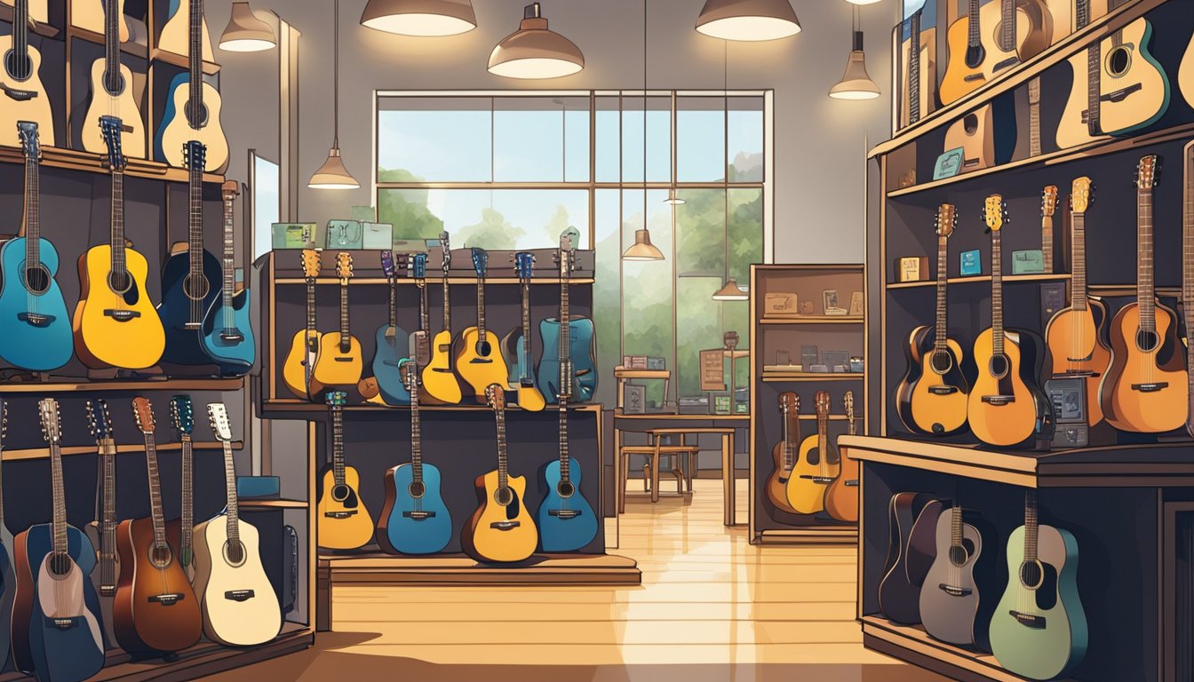 Acoustic guitars displayed in a well-lit music store in Singapore. Shelves lined with various brands and models, with a salesperson assisting a customer