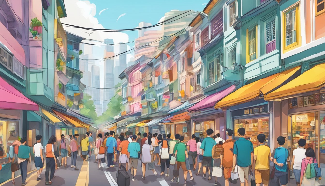 A bustling street in Singapore, with colorful storefronts and a prominent AHC sign. People are browsing and shopping, with a sense of excitement and curiosity in the air