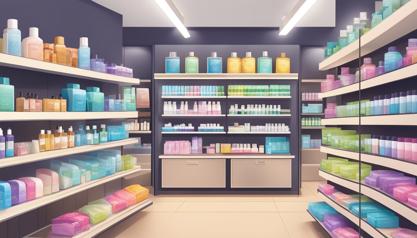 A brightly lit skincare store displays AHC products with clear price tags. Shelves are neatly organized, and a sign points to the checkout counter
