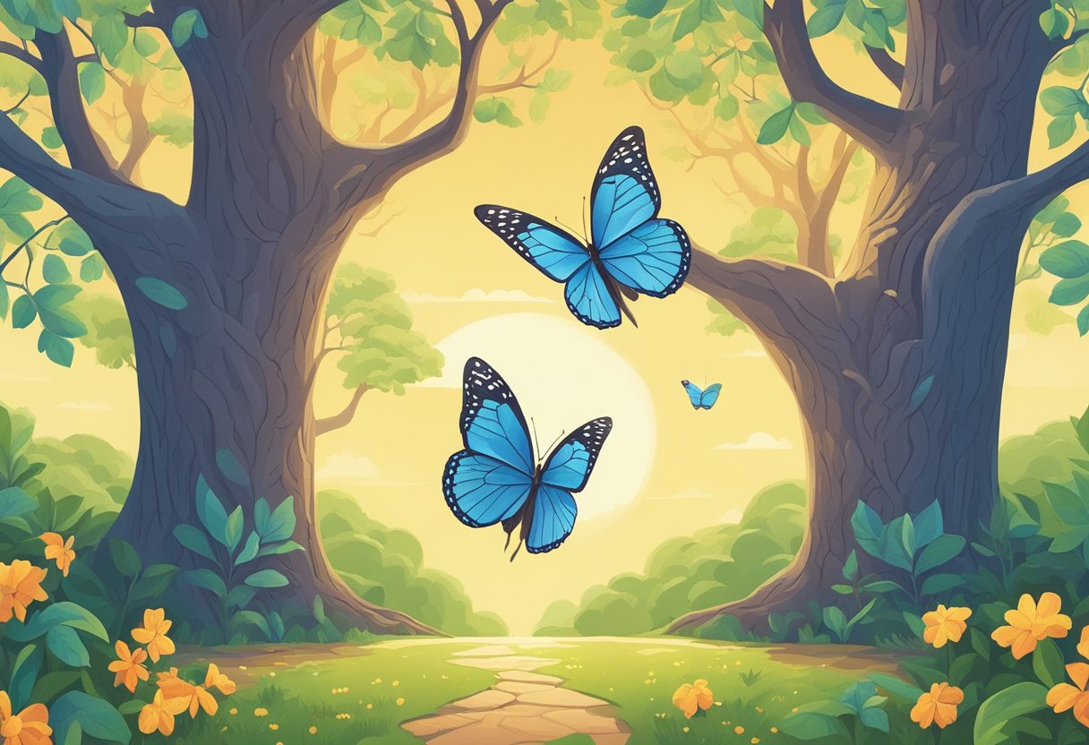 Two identical trees stand side by side, their branches mirroring each other perfectly. A pair of butterflies flit between them, their wings reflecting the sunlight
