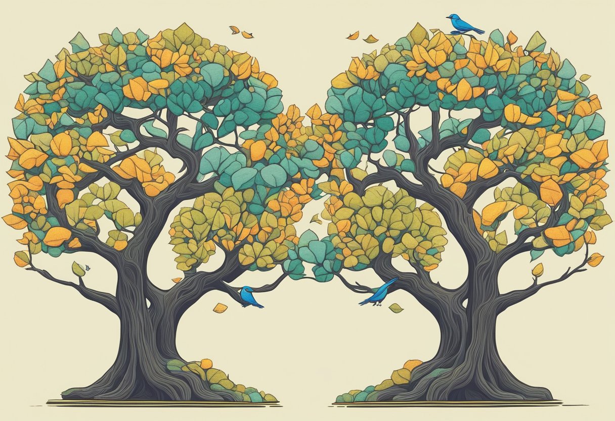 Two identical trees stand side by side, their branches mirroring each other. A pair of birds perch on each tree, facing each other