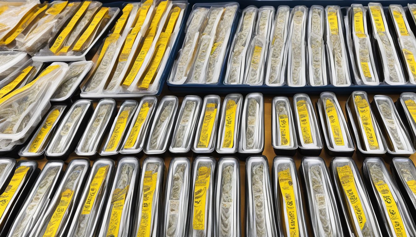 Anchovies on display at a market stall in Singapore, with a variety of packaging options and a sign indicating the price per unit