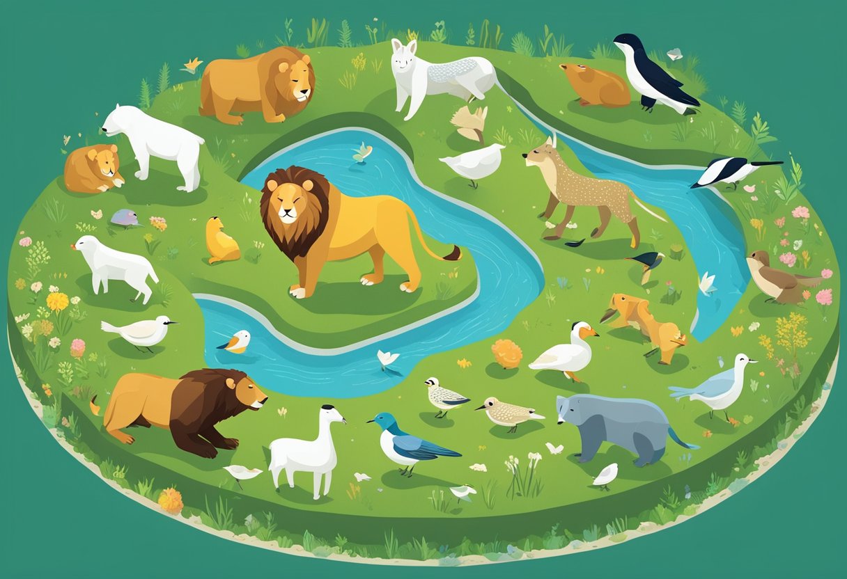 Various animals surround a peaceful meadow, with quotes about animals floating in the air. A lion, a bear, a bird, and a fish are all present