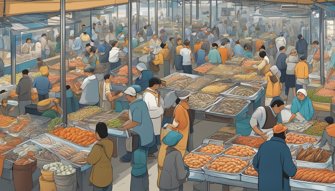 A bustling marketplace with rows of fresh seafood stalls, showcasing an array of anchovies in vibrant displays. Customers eagerly inspecting and purchasing the small, silvery fish