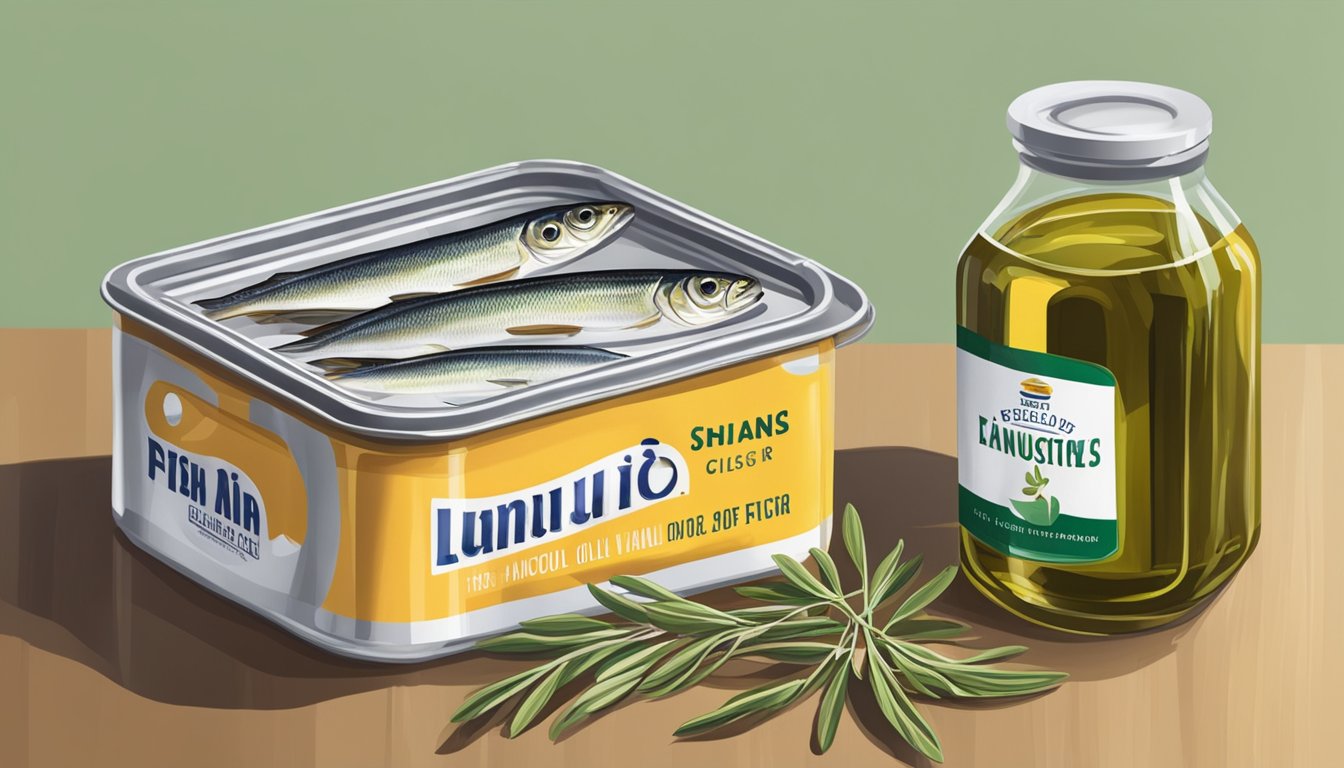 An open can of anchovies sits on a kitchen counter next to a bottle of olive oil and a small glass jar for storing the leftover fish