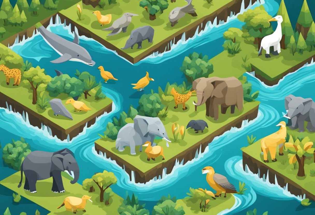 Animals from various habitats gather, including a lion, dolphin, eagle, and elephant. They are depicted in a natural setting, surrounded by trees, water, and mountains